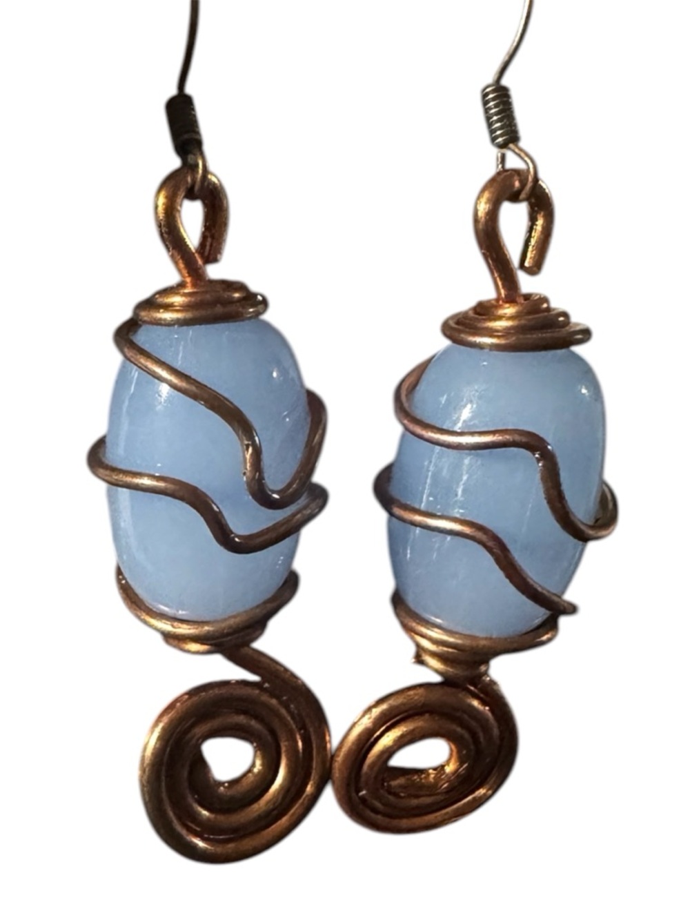 HANDMADE Wire Wrapped Copper Earrings Blue Chalcedony Style Boho Dangle